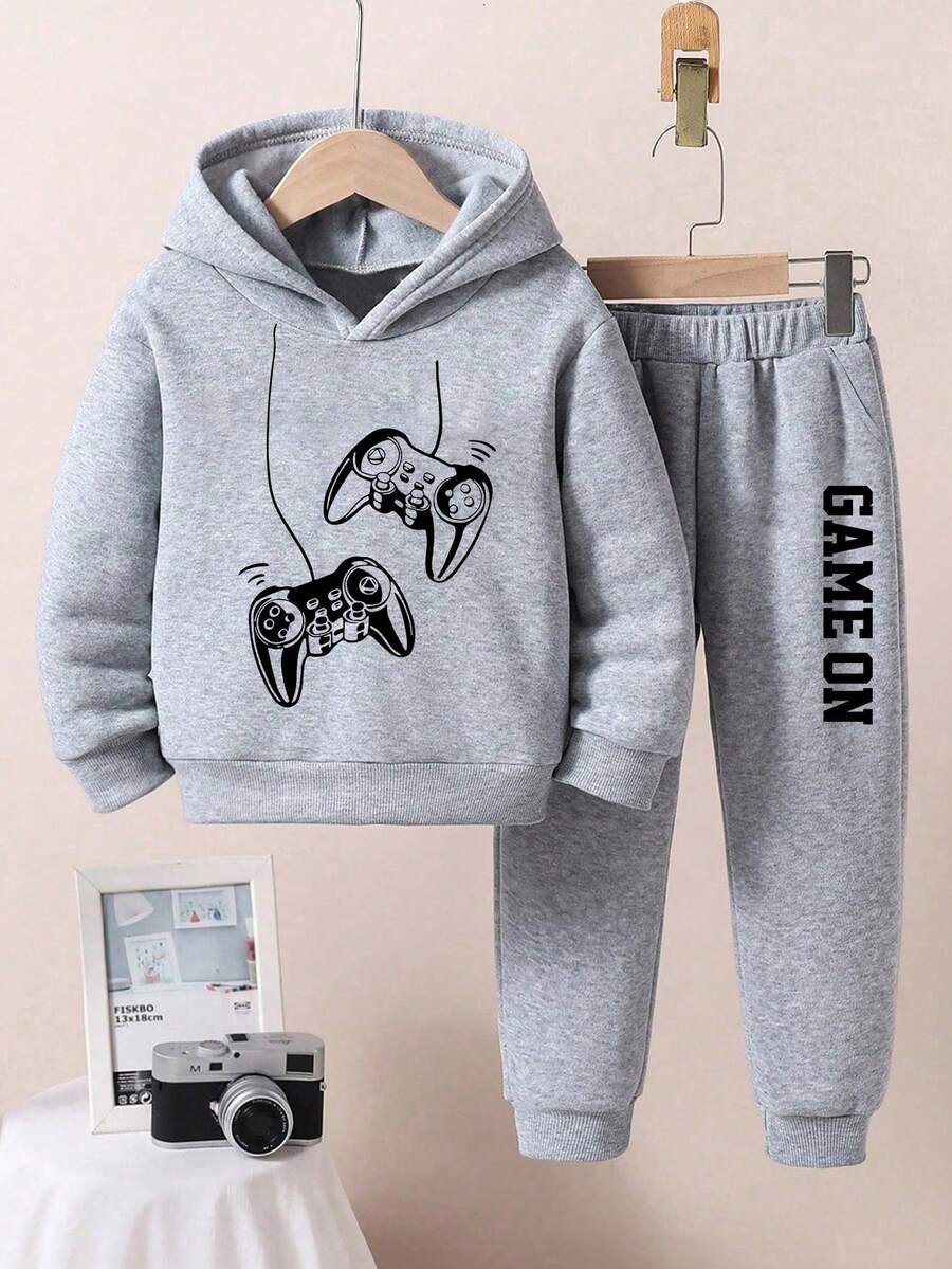 Boys' Letter Print Hoodie And Sweatpants Warm Set - Grey - View 1