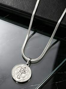 1pc Minimalist Vintage Silver Stainless Steel Men's Necklace, Flat Snake Chain With Double-Sided Embossed St. Benedict Icon Round Pendant, Unisex Daily Prayer Blessing Neck Accessory - Silver - View 3
