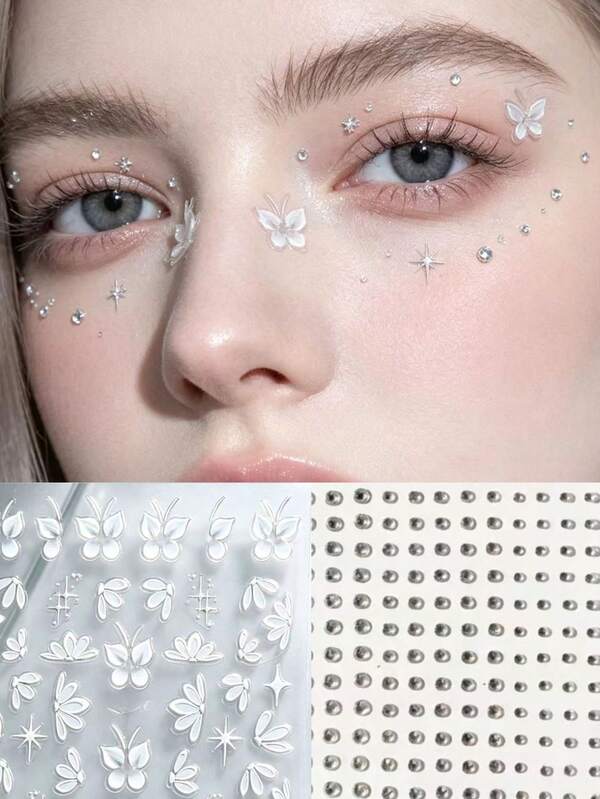 1 Set Transparent White Butterfly Lotus Four-Point Star Face Decoration Stickers With Clear Silver Base Round Rhinestones, Multi-Shape Transparent Butterfly Lotus Star Prints With Multi-Faceted Clear Silver Round Rhinestones, Ultra-Thin Seamless Transparent Base With Self-Adhesive, Translucent White Flower Design Lightweight And Elegant, Subtle And Low-Key, Suitable For Sexy Photoshoot, Light Bridal Makeup, Gentle Atmosphere Date, Apply To Eyebrows, Eyes And Cheeks To Create Cool Fairy-Like Face Glitter, Create Cool Milky White Girl Look