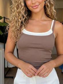 Women's Y2K Contrast Double Layer Spaghetti Strap Ribbed Cropped Cami Top Summer Street Lounge Casual Outfit - Light Brown - View 2