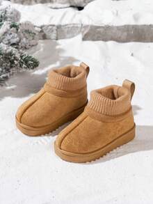 1 par de botas de nieve de estilo coreano minimalista con cuello de punto para niños, botas de tobillo versátiles y antideslizantes de moda para niños pequeños - Marrón - Ver 1