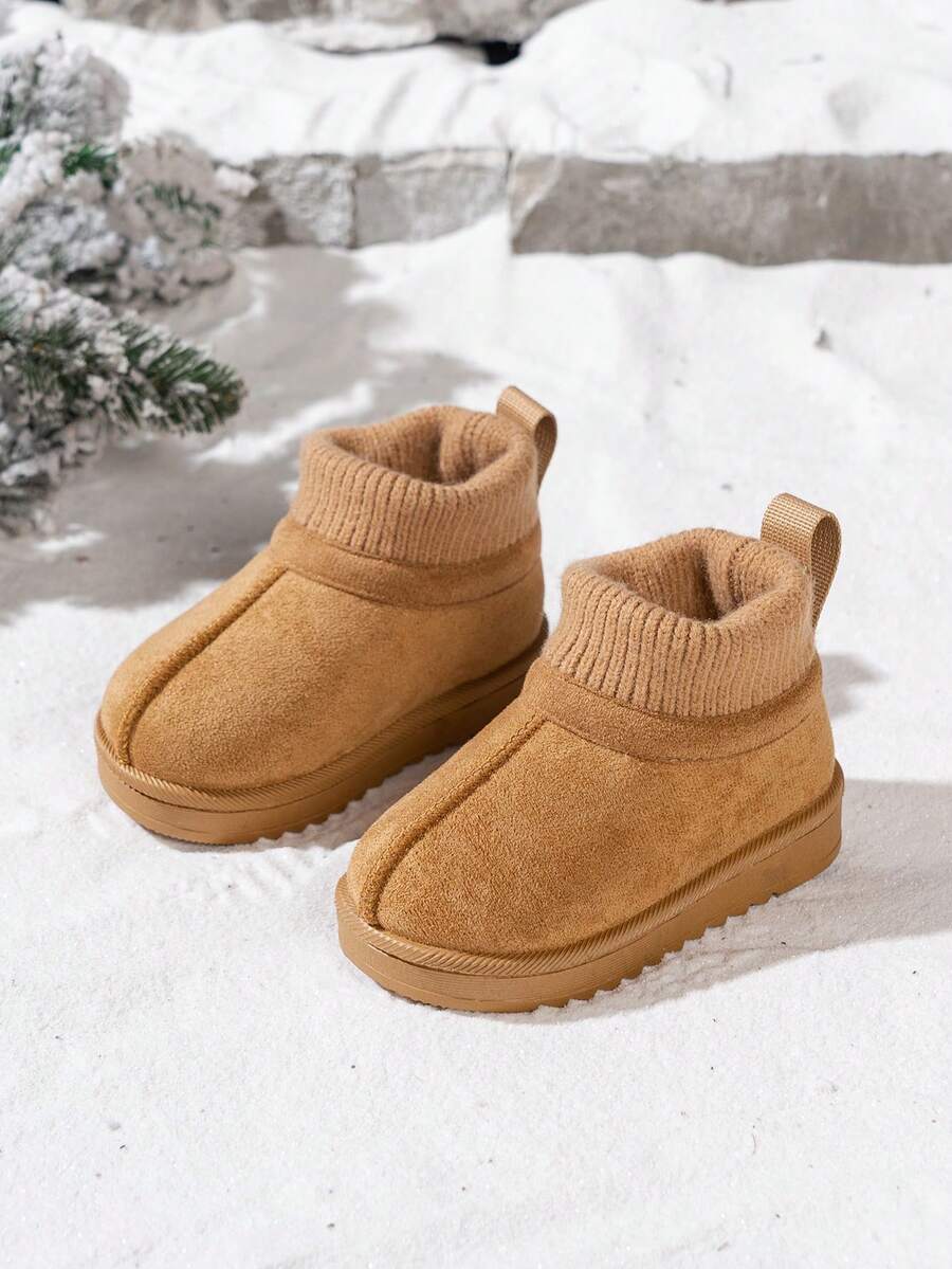 1 par de botas de nieve de estilo coreano minimalista con cuello de punto para niños, botas de tobillo versátiles y antideslizantes de moda para niños pequeños - Marrón - Ver 1