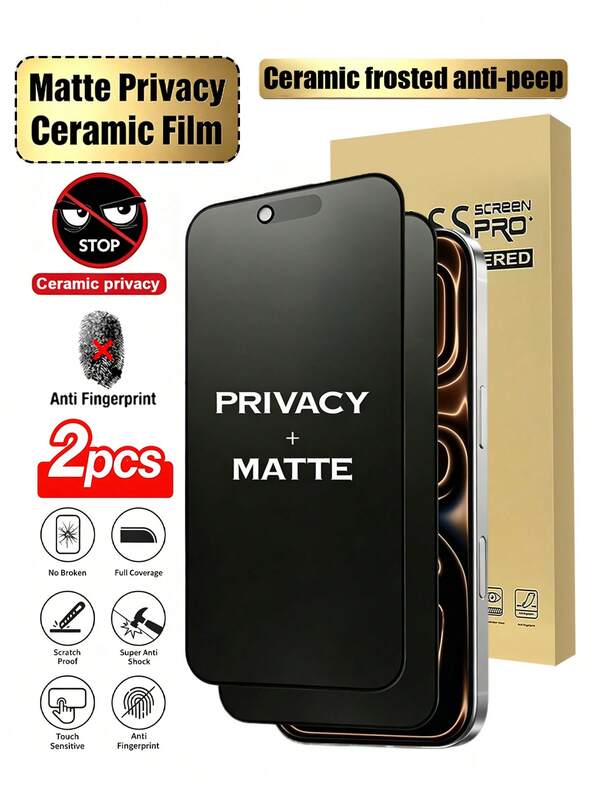2pcs Ceramic Matte Anti-Peeping Screen Protector, Matte Screen, Smooth Touch, Anti-Peeping Protection, Invisible From Sides, Electroplated Oleophobic Layer, Anti-Peeping, Waterproof, Anti-Oil, Anti-Fingerprint. Suitable For Office, Outdoor, Travel And Other Scenarios, Phone Accessories. Compatible With IPhone17E/17 Promax/16 Promax/15 Promax/14 Promax/13 Promax/12 Promax/11 Promax/17 Pro/16 Pro/15/14/13/12/11 And Other Series.