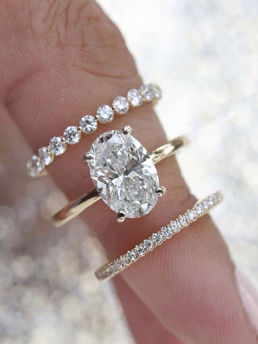 3 PiecesUnique Oval Cut Cubic Zirconia Ring, Promise Ring, Eternity Ring And Regular Ring Set, Jewelry Gift - Multicolor - View 1