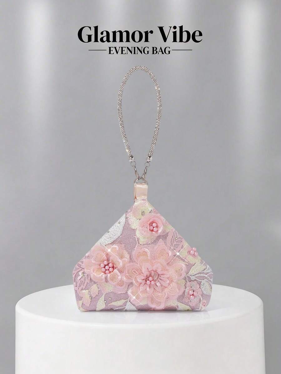 晚宴亮片手拿包，亮片刺繡工藝，3D花卉設計（隨機圖案），必備婚禮配件，情人節禮物，適用於婚禮、度假、畢業季、晚宴及其他正式場合，也可作為日常穿搭的多功能配件