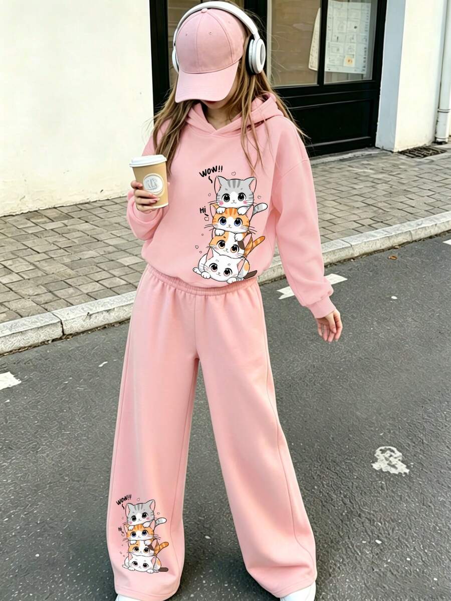 Versatile Fashionable Casual Girls Cartoon Cat Print Hoodie Sweatshirt With Printed Solid Color Loose Pants, 2-Piece Set For Autumn/Winter Daily Wear - Pink - View 1