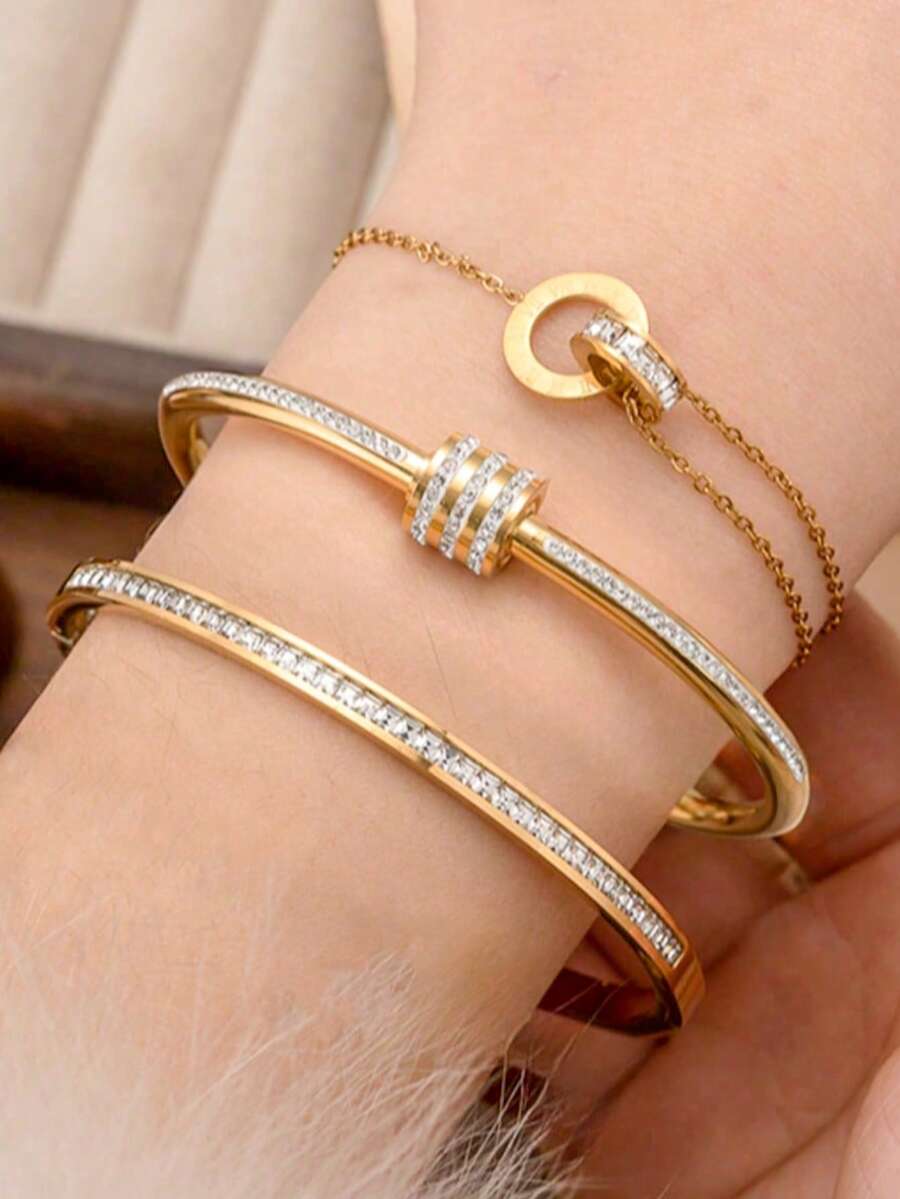 3/1pc Set 18K Gold Plated Luxury Stainless Steel Bracelet Set, Full Rhinestone Inlaid Cross Roman Numeral Bracelet & Delicate Roman Numeral Bracelet, Stackable