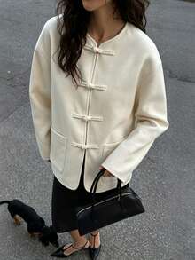 Women's Spring/Autumn/Winter Elegant Beige Chinese Style Frog Button Open Front Dropped Shoulder Long Sleeve Jacket, Commuter Fashion Regular Fit Overcoat - White - View 9