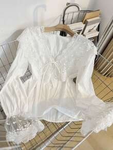Women's Lace Patchwork Long Sleeve Blouse White - White - View 6
