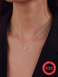 1pc S925 Sterling Silver Mini Four-Leaf Clover Full Rhinestone Collarbone Necklace, Simple Luxury Elegant Elegant Artistic Cool Delicate Personalized Mori Style Fresh Niche Lucky Clover Adjustable Versatile High-End Neck Jewelry Casual Daily Matching Sweet Fashion Accessory Gift - Four-leaf Clover - View 6