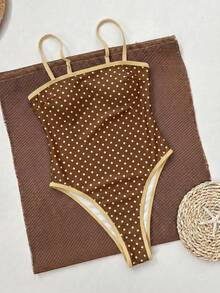 Women's Fashionable Elegant Brown Polka Dot Print Sexy Bandeau One-Piece Swimsuit, Suitable For Beach, Party And Gathering Vacation Summer - Multicolor - View 5
