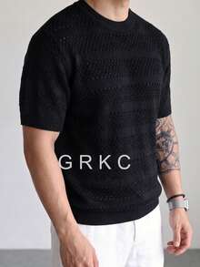 Men's Crew Neck Short Sleeve Ice Silk Knit Fitted Casual Commuter Style Horizontal Striped Knit Top Spring Summer Thin - Black - View 1