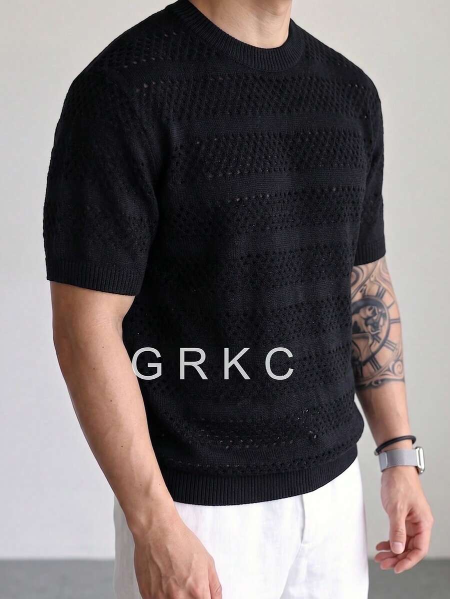 Men's Crew Neck Short Sleeve Ice Silk Knit Fitted Casual Commuter Style Horizontal Striped Knit Top Spring Summer Thin - Black - View 1