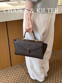 CHAIKA & KILTER 1件裝純色PU布料女款時尚翼型手提包，金屬鎖扣開合，頂部單手柄，可拆卸可調節肩帶，可手提、肩背或斜背，適合日常購物 - 咖啡 - 查看 4