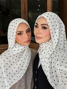1pc Women's Casual Elegant Chiffon Polka Dot Scarf/Headscarf/Headband, French Luxury Abaya Accessory, Suitable For Daily Wear And Party - Multicolor - White Background With Small Polka Dots - View 3