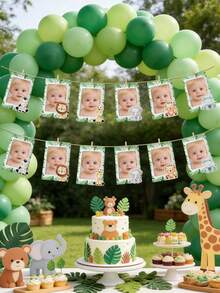 1套DIY嬰兒1歲生日叢林動物相框橫幅，嬰兒洗禮牆面裝飾，嬰兒洗禮照片橫幅，嬰兒成長紀念品，嬰兒洗禮裝飾，完美展示嬰兒照片，嬰兒房裝飾，性別揭曉派對裝飾，1歲生日派對裝飾，叢林主題派對用品，1歲生日裝飾，包含夾子、高級麻繩、雙面膠 - 叢林動物 - 查看 8
