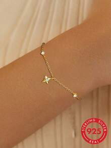 1 pieza Pulsera de plata de ley S925 con estrella de cuatro puntas y strass, diseño personalizado de moda, estilo clásico europeo y americano de lujo ligero, exquisita, elegante, de alta gama, diseño único, versátil para uso diario, fiesta, casual, accesorio de moda de nicho, regalo - Estrella de cuatro puntas - Ver 10