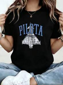 Men Loose Cotton Jet Pilot Print Crew Neck Aviation Vintage Casual Tee Black Tshirt H3WI - Black - View 1