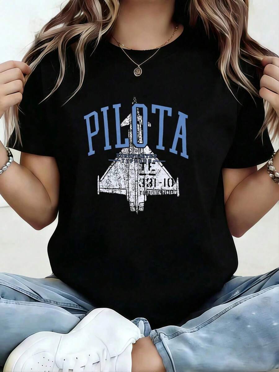 Men Loose Cotton Jet Pilot Print Crew Neck Aviation Vintage Casual Tee Black Tshirt H3WI - Black - View 1