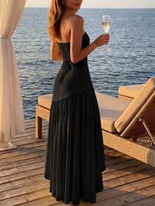 Vestido de boda sin tirantes de unicolor con detalle de capa elegante - Negro - Ver 5