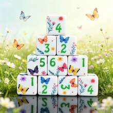 Juego de 6 dados D6 con estampado de mariposa, dados de juego de cubo de seis caras blancos, dos estilos de patrones de mariposa colorida y mariposa floral, regalo de juego de escritorio novedoso para fiestas, adecuado para niñas y jugadores - Multicolor - Ver 3