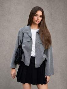 Mantel Wanita Ukuran Besar, Jaket Lengan Pendek dengan Kerah, Cocok untuk Kegiatan Sehari-hari dan Perjalanan. - Grey - View 7