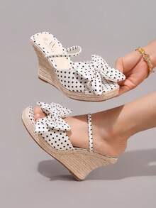 Fashionable Rope Wedge Platform Sandals With Polka Dot Pattern, Open Toe, High Heel Slides, Summer Vacation Casual Chunky Heel High Heels For Women - White - View 6