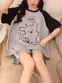 2pcs Women's Pajama Loungewear Set, Cute Animal Print Pattern Pullover Round Neck Casual Short Sleeve, Spring/Summer - Grey - View 9