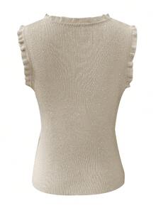 Top sin mangas elegante con ribetes brillantes, diseño de cuello redondo con delicado ribete de volantes, camiseta de ajuste ceñido y elástica, favorecedora y versátil para primavera/verano, casual, trabajo, citas - Albaricoque - Ver 7