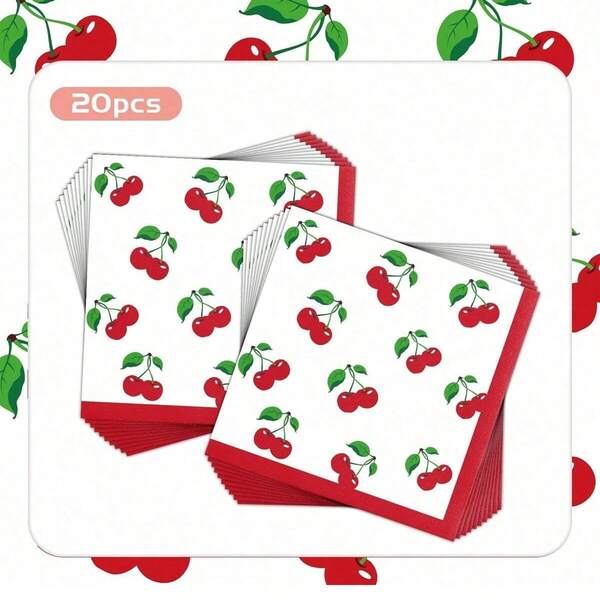 20pcs Cherry Decorative Napkins, Cherry Napkins, Disposable Red Cherry Fruit Paper Napkins, Cherry Theme Decoration, Suitable For Birthday Party, Party Decoration