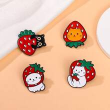 Conjunto de broches de esmalte de gato de fresa suave y lindo, gatito de tres colores naranja, negro y blanco con fruta roja, pin de metal con atmósfera dulce, insignia de animal, adecuado para chaqueta de mezclilla, mochila, accesorios de decoración de sombrero, regalo perfecto para amantes de los gatos, niñas, entusiastas de las frutas - Multicolor - Ver 3