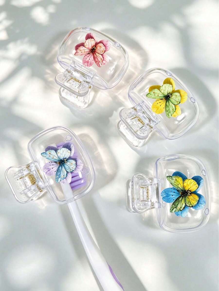 透明便攜式牙刷蓋，2D蝴蝶與花朵圖案，旅行牙刷收納盒，牙刷頭保護夾，便攜易攜帶，防塵牙刷頭蓋，適合情侶、朋友、家人、老師、旅行愛好者的完美禮物，適用於浴室收納、大學生活必需品、家庭旅行，獨特的生日禮物、節日禮物、派對禮物、度假禮物、返校禮物、老師禮物