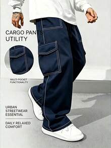 Men's Summer Thin Contrast Stitching Cargo Pants, High Drape Loose Fit, Elastic Drawstring Waist, High Street Style Long Pants Sports - Royal Blue - View 5