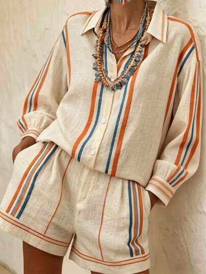 Conjunto de manga larga y pantalones cortos a rayas de colores para tallas grandes, estilo casual vintage elegante de verano