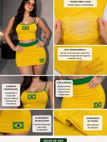 Conjunto Cropped  Saia Feminino Brasil Moda Verão Ajustado Sexy - vestido brasil amarelo - Visão 6