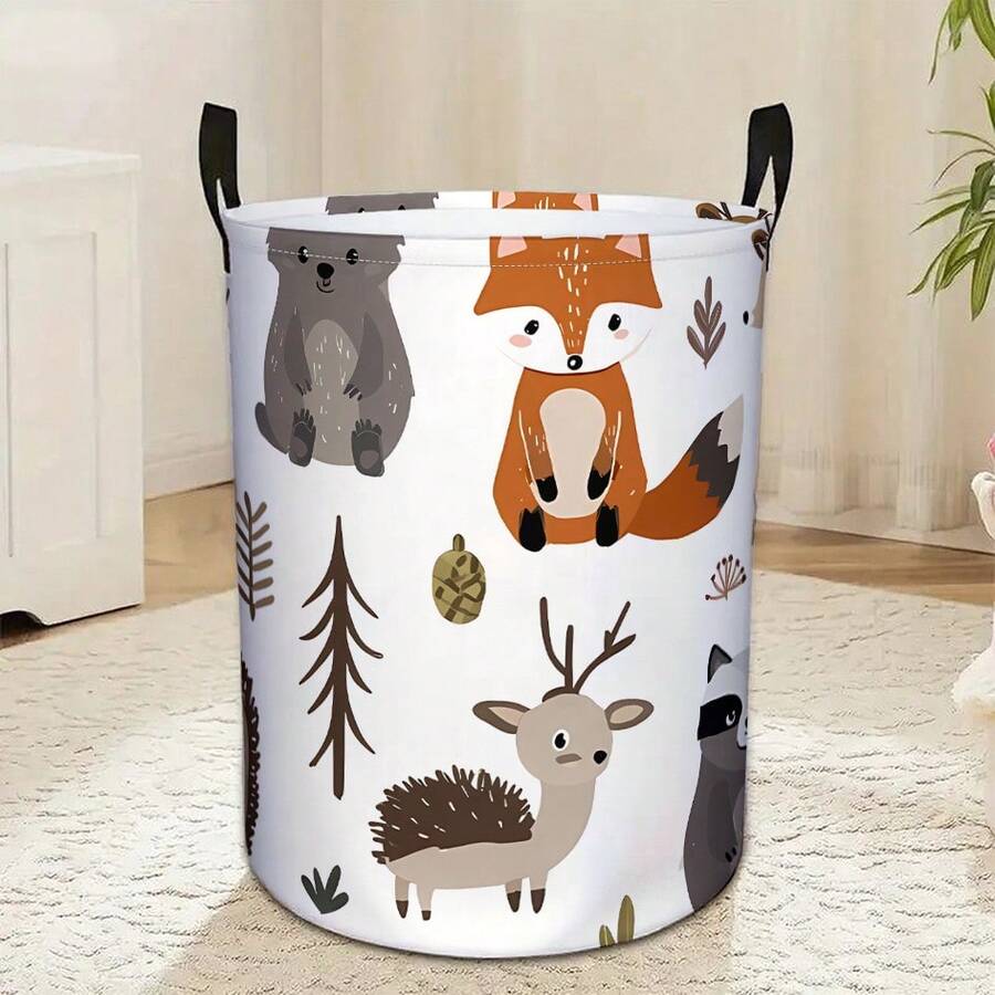 1 Stück süßer runder Wäschekorb mit Waldtiermotiv, faltbarer Aufbewahrungskorb mit Griffen, mit Fuchs-, Bär-, Hirsch-, Waschbär- und Igelmustern, perfekt zum Aufbewahren von Kleidung im Schlafzimmer. - Verschiedenfarbig - Übersicht 1