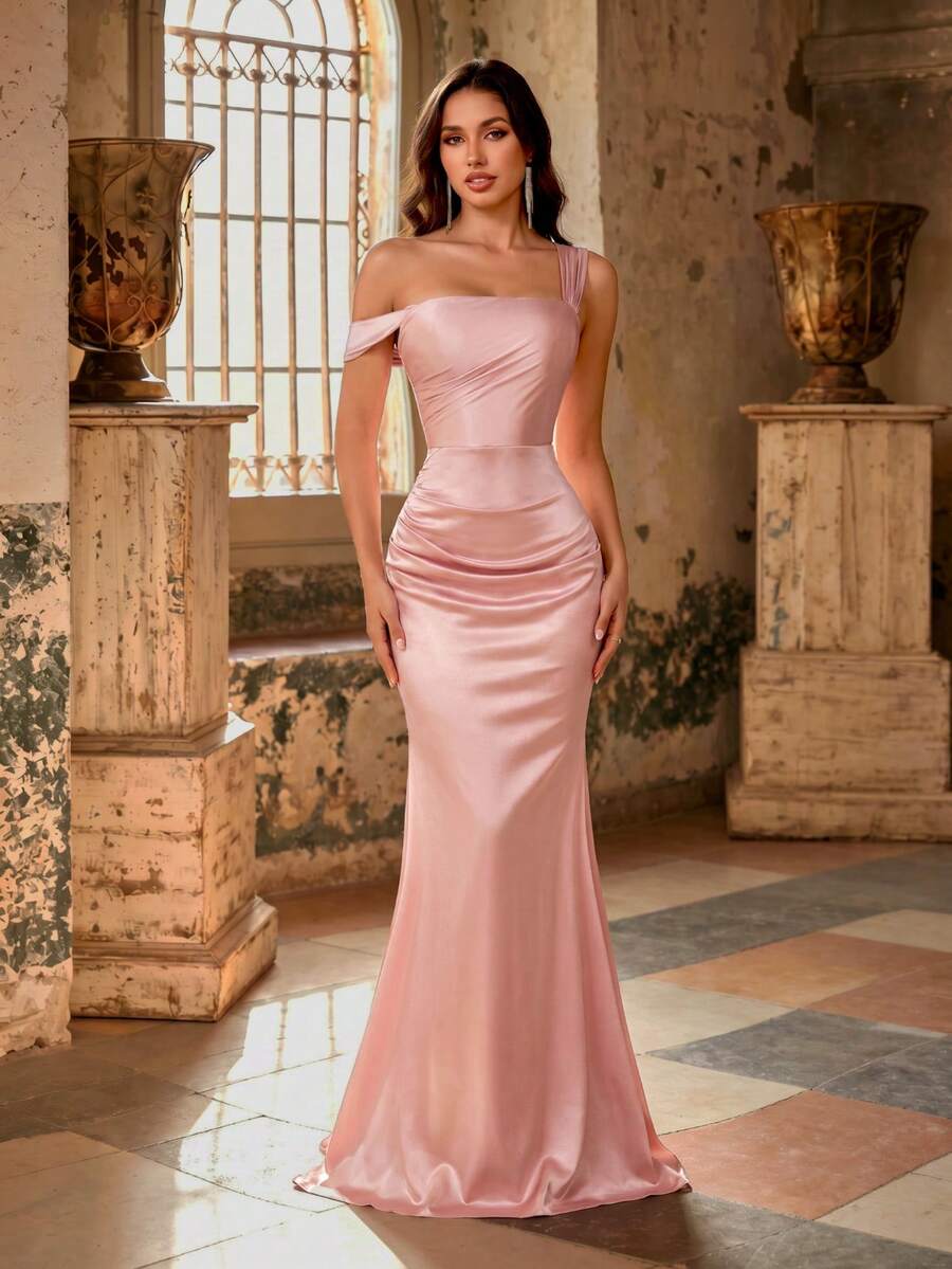 Draped One-Shoulder Fitted Mermaid Floor-Length Gown, Suitable For Homecoming, Cocktail Party And High School Prom - Baby Pink - View 1