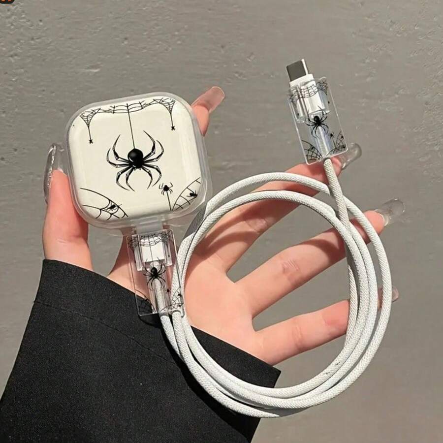 Spider Graphic For IPhone 16/15/14/13 Data Cable Protective Case, 20W UK Plug Fast Charger Adapter Anti-Bend Cover, No Battery, Protective Box, Suitable As A Gift For Friends - Black - View 1
