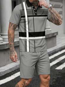 Men's Business/Casual Striped Short Sleeve Polo Shirt And Shorts Set - Light Grey - View 5