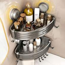 Estantería de baño ahorradora de espacio - Sin necesidad de perforar, estante triangular resistente con ganchos, uso en las 4 estaciones, organizador de almacenamiento multifuncional para baño y cocina, estantería autoadhesiva montada en la pared, caddy de ducha a prueba de óxido, la mejor opción para almacenar accesorios - Traje gris de doble capa - Ver 10