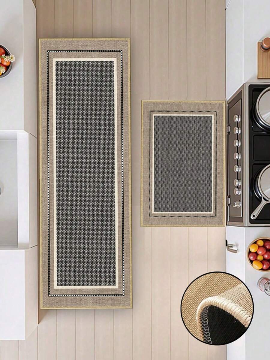 1pc Deep Gray Textured Pattern With Light Camel Color Accent Frame Kitchen Mat 3.5mm Soft Rubber Water-Absorbing Mat, Suitable For Kitchens, Bathrooms, Living Rooms, Outdoor Door Mats, Kitchen Rugs, Home Decor, And Toilet Mats. - Multicolor - View 1