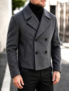 Men's Double-Breasted Wool Short Coat, Notch Lapel Side Pockets Winter Business Casual Wool Short Jacket - Dark Grey - View 3