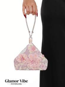 晚宴亮片手拿包，亮片刺繡工藝，3D花卉設計（隨機圖案），必備婚禮配件，情人節禮物，適用於婚禮、度假、畢業季、晚宴及其他正式場合，也可作為日常穿搭的多功能配件 - 粉色 - 查看 9