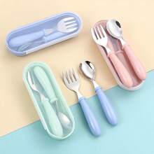 2pcs Stainless Steel Fork & Spoon Set For Toddlers, Children's Baby Feeding Utensils, Rounded Handle Portable Lunch Box Baby Eating Spoon & Fork, Back To School - Multicolor - View 8