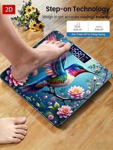 Electronic Digital Bathroom Weight Scale, Colorful Hummingbird Perched On A Branch Surrounded By Flowers, Uses AAA Batteries (Not Included), 1 Pc, Gift For Your Loved Ones And Friends,Tempered Glass Surface,Temperature Detection - A - View 3