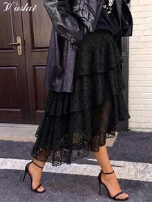 Vuslat 女款初秋純色不對稱下擺層次荷葉邊高腰喇叭長洋裝，適合晚宴、雞尾酒會、婚禮賓客、情人節、新年、生日派對、開學季 - 黑色 - 查看 3