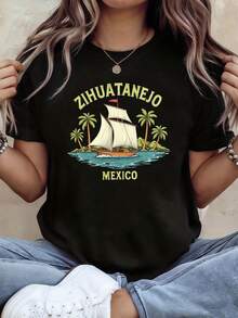 Unisex 100% Cotton Short Sleeve Tee, Zihuatanejo Mexico Vintage Sailboat Palm Island Graphic T-Shirt Tropical Beach Vacation Casual Top For Men W - Black - View 1