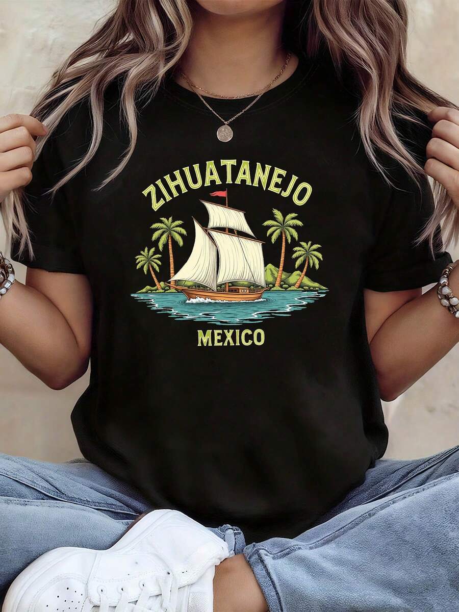 Unisex 100% Cotton Short Sleeve Tee, Zihuatanejo Mexico Vintage Sailboat Palm Island Graphic T-Shirt Tropical Beach Vacation Casual Top For Men W - Black - View 1
