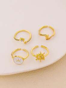 4Pcs/Set Vintage Starfish Sun Shaped Rings Sets For Women Sunmmer Ocean Style Rings Fashion Beach Party Jewelry Gifts - Yellow Gold - View 5
