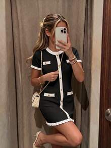 Vestido elegante de primavera/verano para mujer con botones metálicos de color contrastante, combinado con una chaqueta blazer con volantes en el bajo y una falda amarilla. Diseño con botones delanteros, adecuado para ir a trabajar, citas diarias y sesiones de fotos. - Blanco y Negro - Ver 2